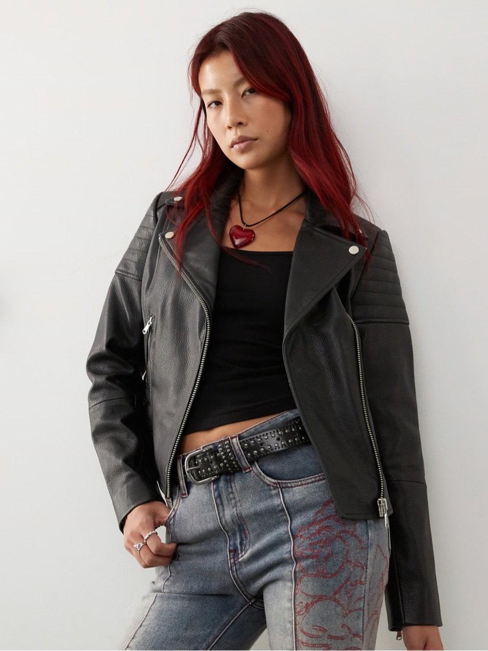 Barneys New York Black Textured Moto Real Leather Jacket